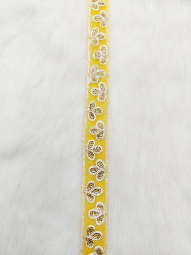 Wholesale Yellow Net Lace Floral Embroidery & Glitter Gold Sequins, Indian Wedding Border, Gifting Ribbon Costume Trim Fashion Trimming